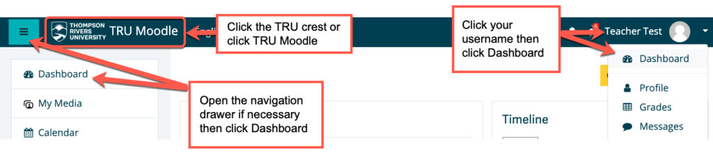 Ways to navigate back to the Moodle dashboard