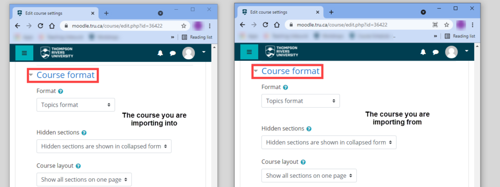 Comparing Moodle course settings