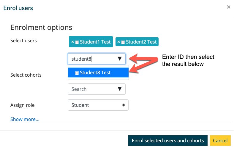 Enrol users screen