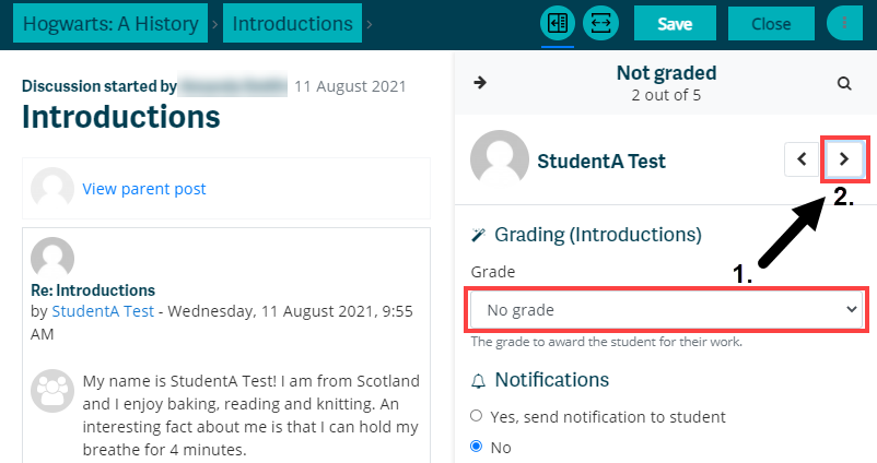 Grade and next arrow.